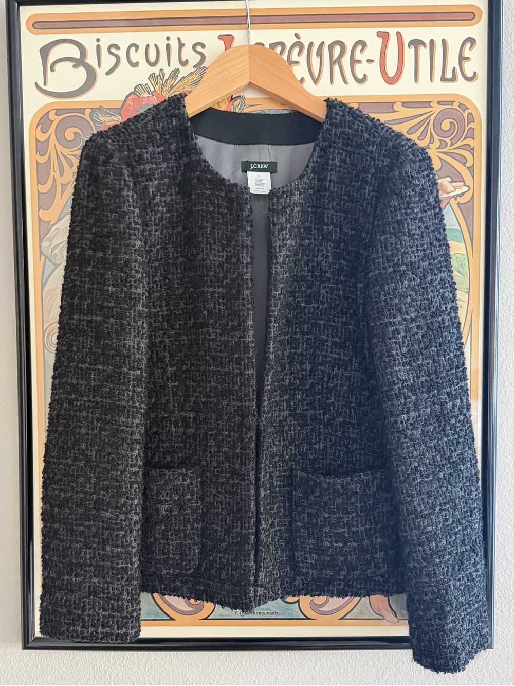 J. Crew Black and Grey Tweed Open-Front Bouclé Blazer - 0